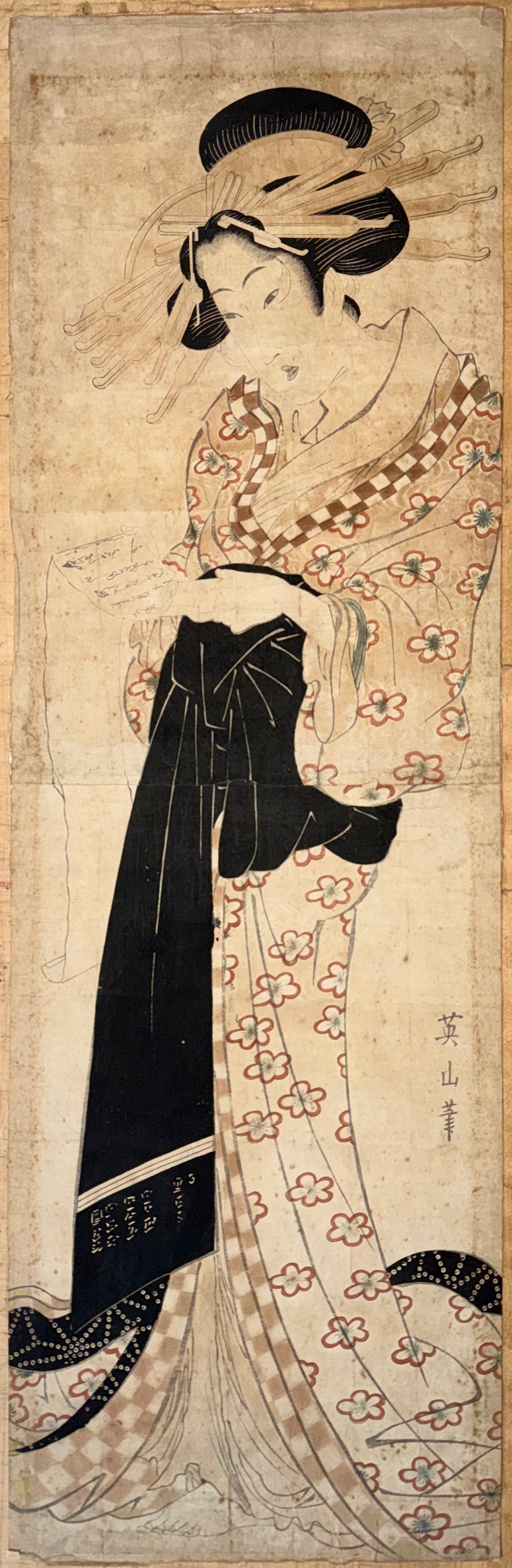 RARE EDO PERIOD KIKUGAWA EIZAN (1787–1867) ORIGINAL JAPANESE WOODBLOCK PRINT, KAKEMONO-E VERTICAL DIPTYCH OF A COURTESAN READING A LETTER WITH COA, 18IN x 42IN (46cm x 107cm)