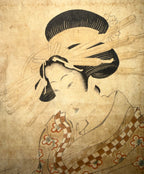 RARE EDO PERIOD KIKUGAWA EIZAN (1787–1867) ORIGINAL JAPANESE WOODBLOCK PRINT, KAKEMONO-E VERTICAL DIPTYCH OF A COURTESAN READING A LETTER WITH COA, 18IN x 42IN (46cm x 107cm)