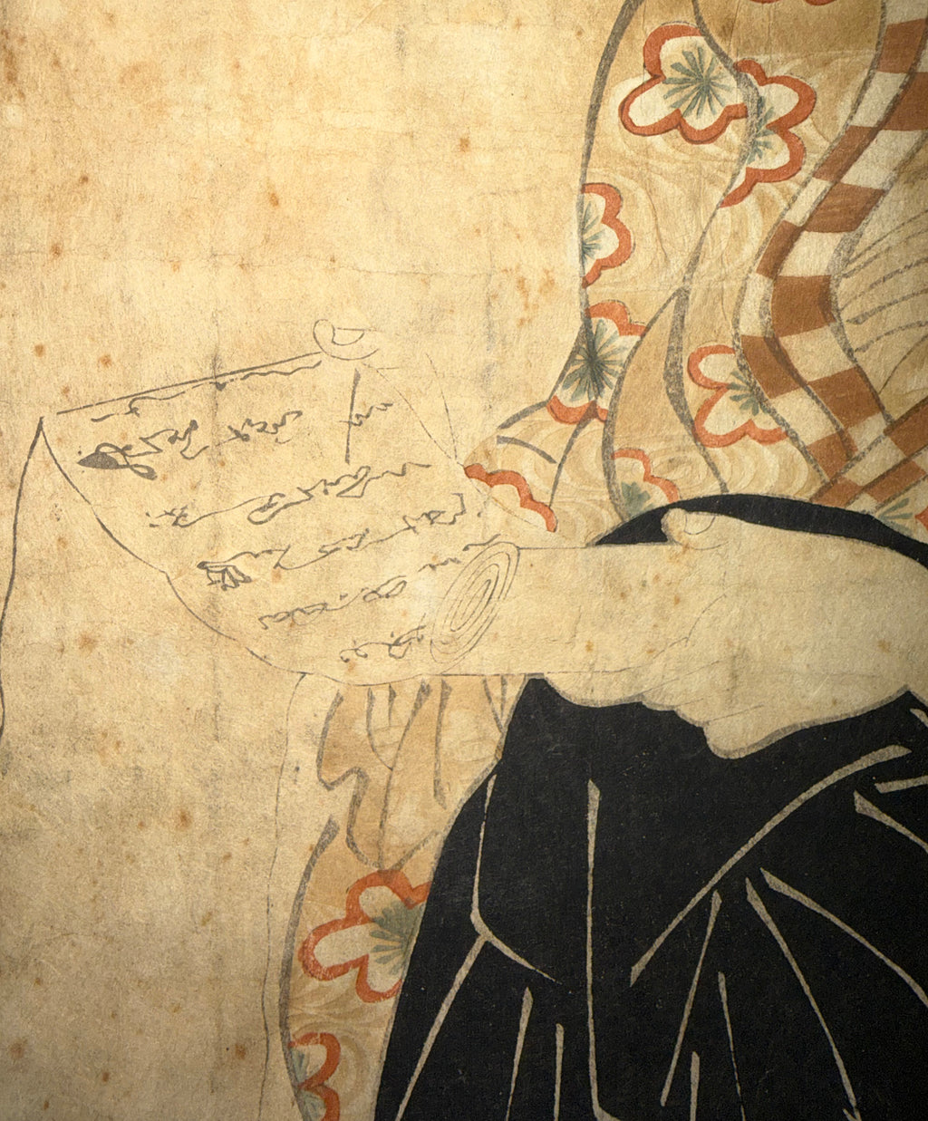 RARE EDO PERIOD KIKUGAWA EIZAN (1787–1867) ORIGINAL JAPANESE WOODBLOCK PRINT, KAKEMONO-E VERTICAL DIPTYCH OF A COURTESAN READING A LETTER WITH COA, 18IN x 42IN (46cm x 107cm)