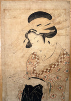 RARE EDO PERIOD KIKUGAWA EIZAN (1787–1867) ORIGINAL JAPANESE WOODBLOCK PRINT, KAKEMONO-E VERTICAL DIPTYCH OF A COURTESAN READING A LETTER WITH COA, 18IN x 42IN (46cm x 107cm)