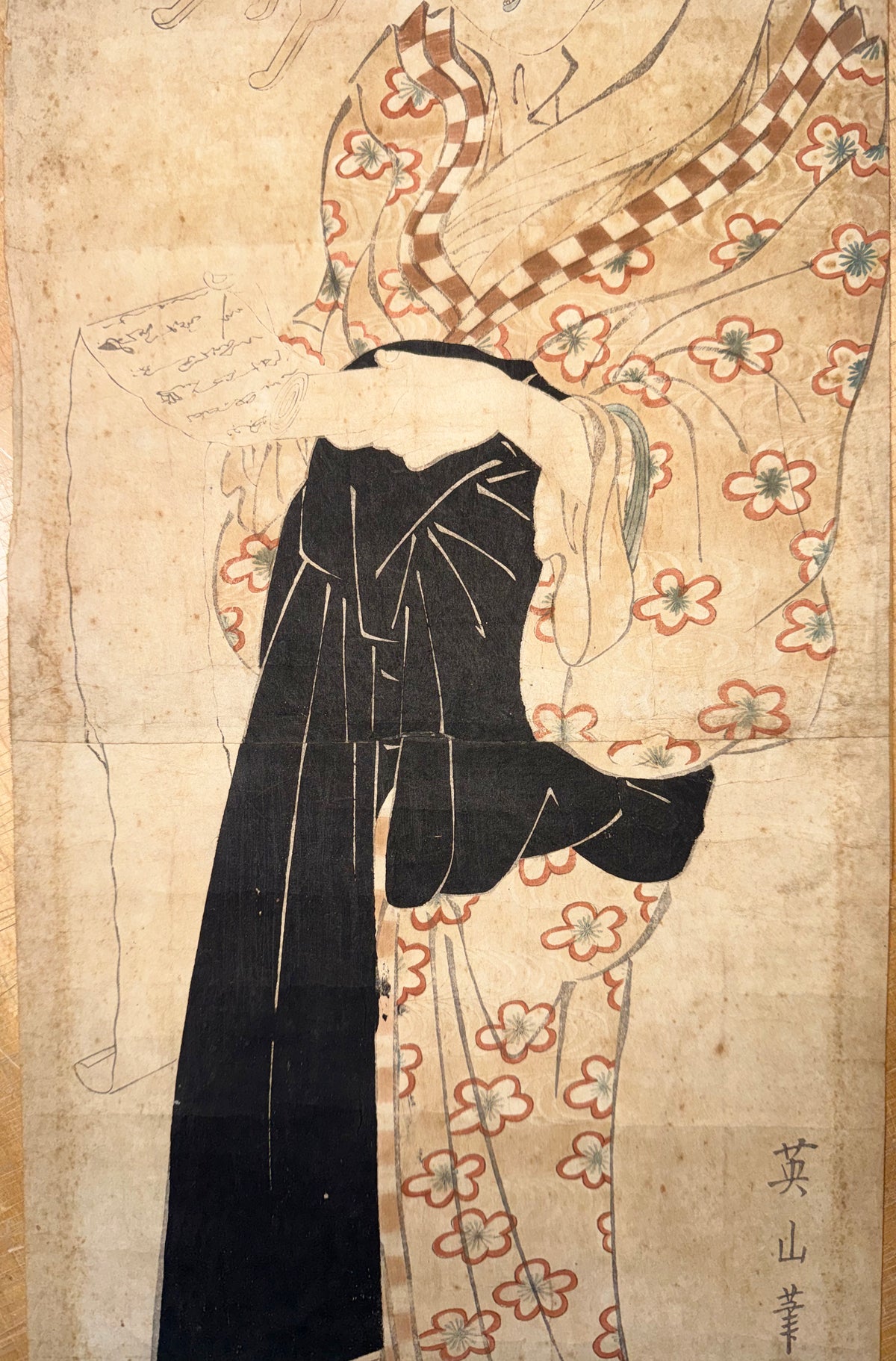 RARE EDO PERIOD KIKUGAWA EIZAN (1787–1867) ORIGINAL JAPANESE WOODBLOCK PRINT, KAKEMONO-E VERTICAL DIPTYCH OF A COURTESAN READING A LETTER WITH COA, 18IN x 42IN (46cm x 107cm)