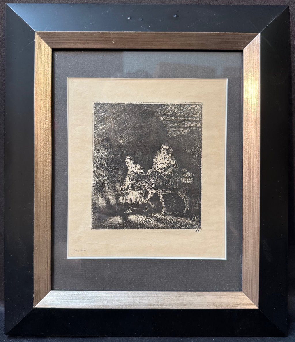 REMBRANDT VAN RIJN (1606-1669) ETCHING AND DRYPOINT TITLED THE FLIGHT INTO EGYPT BY NIGHT, 11IN x 13IN (28cm x 33cm)