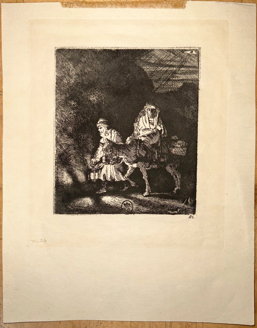 REMBRANDT VAN RIJN (1606-1669) ETCHING AND DRYPOINT TITLED THE FLIGHT INTO EGYPT BY NIGHT, 11IN x 13IN (28cm x 33cm)