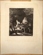 REMBRANDT VAN RIJN (1606-1669) ETCHING AND DRYPOINT TITLED THE FLIGHT INTO EGYPT BY NIGHT, 11IN x 13IN (28cm x 33cm)