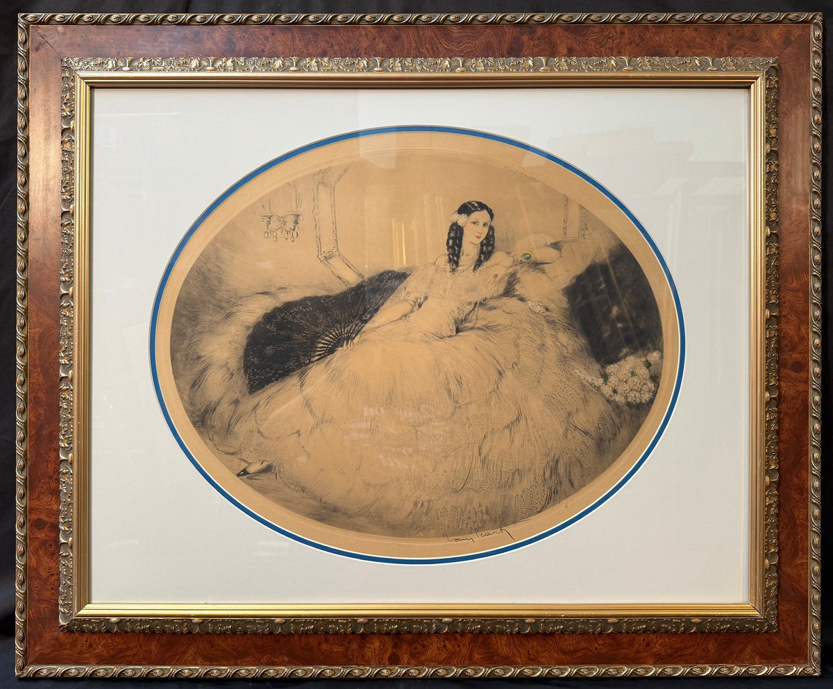 LOUIS ICART (1988-1950) HAND SIGNED, ORIGINAL ETCHING, DRYPOINT AND AQUATINT TITLED BLACK FAN WITH COA, 28.5IN x 34.5IN (72cm x 88cm)