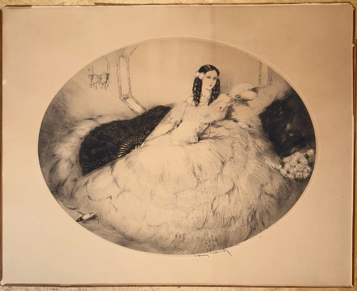 LOUIS ICART (1988-1950) HAND SIGNED, ORIGINAL ETCHING, DRYPOINT AND AQUATINT TITLED BLACK FAN WITH COA, 28.5IN x 34.5IN (72cm x 88cm)