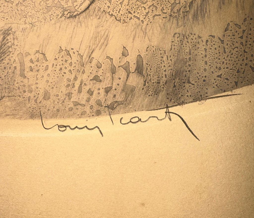 LOUIS ICART (1988-1950) HAND SIGNED, ORIGINAL ETCHING, DRYPOINT AND AQUATINT TITLED BLACK FAN WITH COA, 28.5IN x 34.5IN (72cm x 88cm)