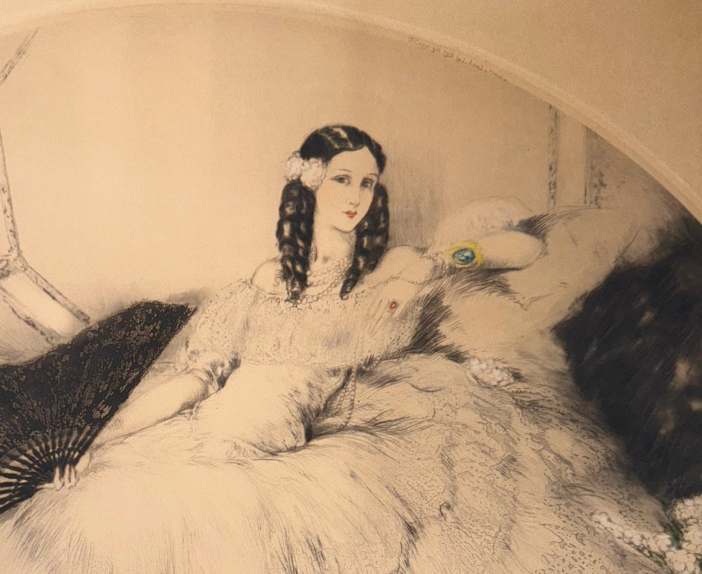 LOUIS ICART (1988-1950) HAND SIGNED, ORIGINAL ETCHING, DRYPOINT AND AQUATINT TITLED BLACK FAN WITH COA, 28.5IN x 34.5IN (72cm x 88cm)