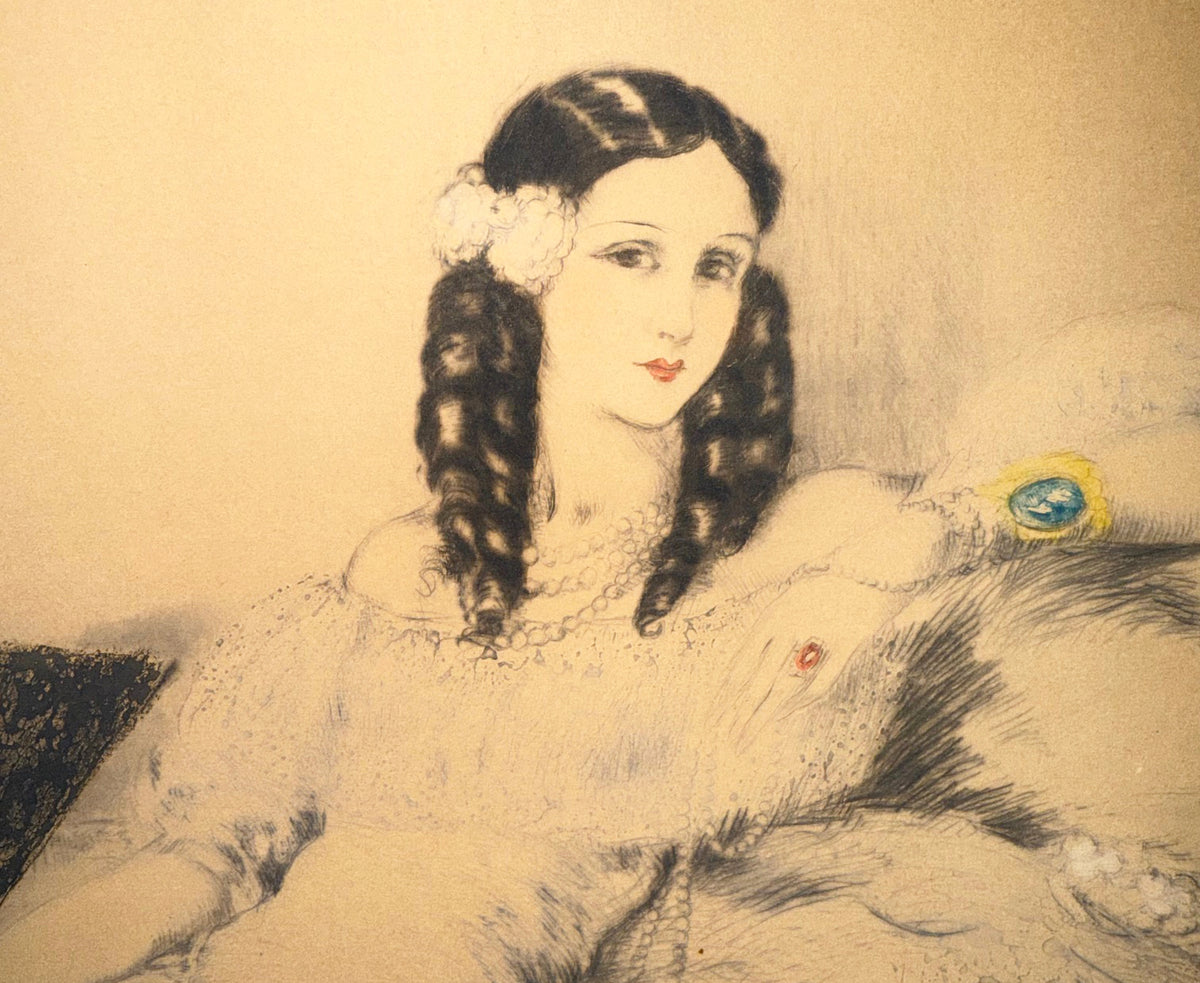 LOUIS ICART (1988-1950) HAND SIGNED, ORIGINAL ETCHING, DRYPOINT AND AQUATINT TITLED BLACK FAN WITH COA, 28.5IN x 34.5IN (72cm x 88cm)