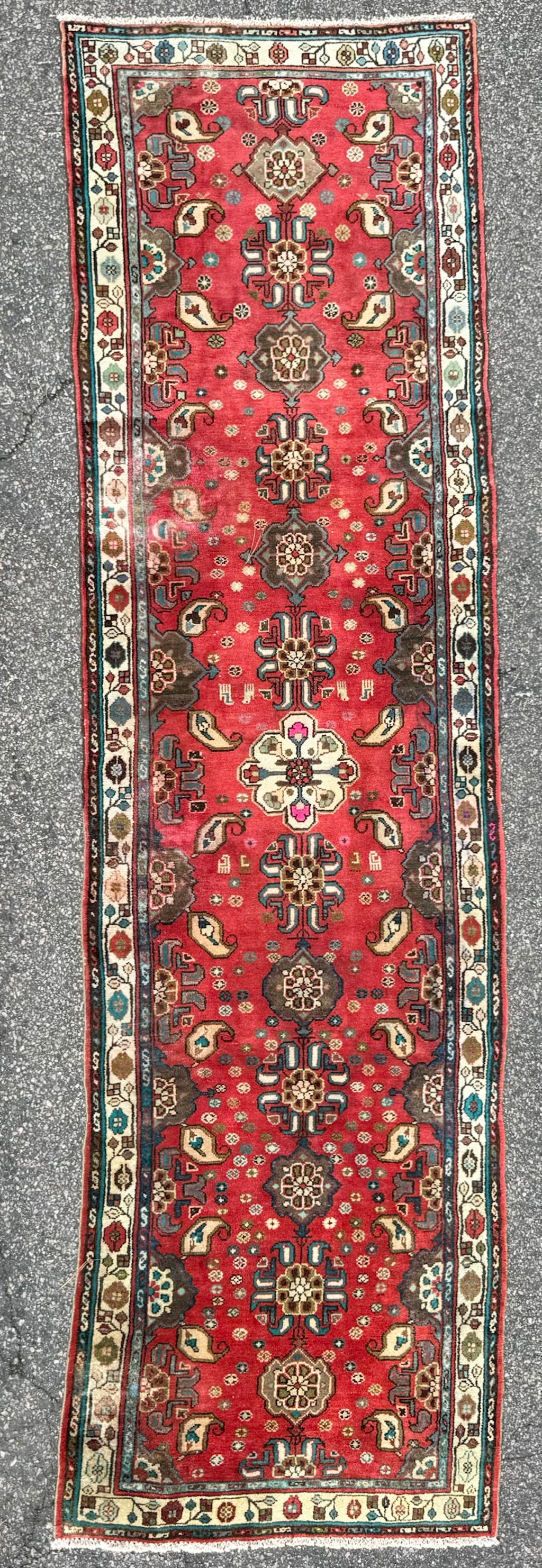 ANTIQUE PERSIAN HAMADAN HAND KNOTTED RUNNER, 3.5 x 12.0 (104cm x 366cm)