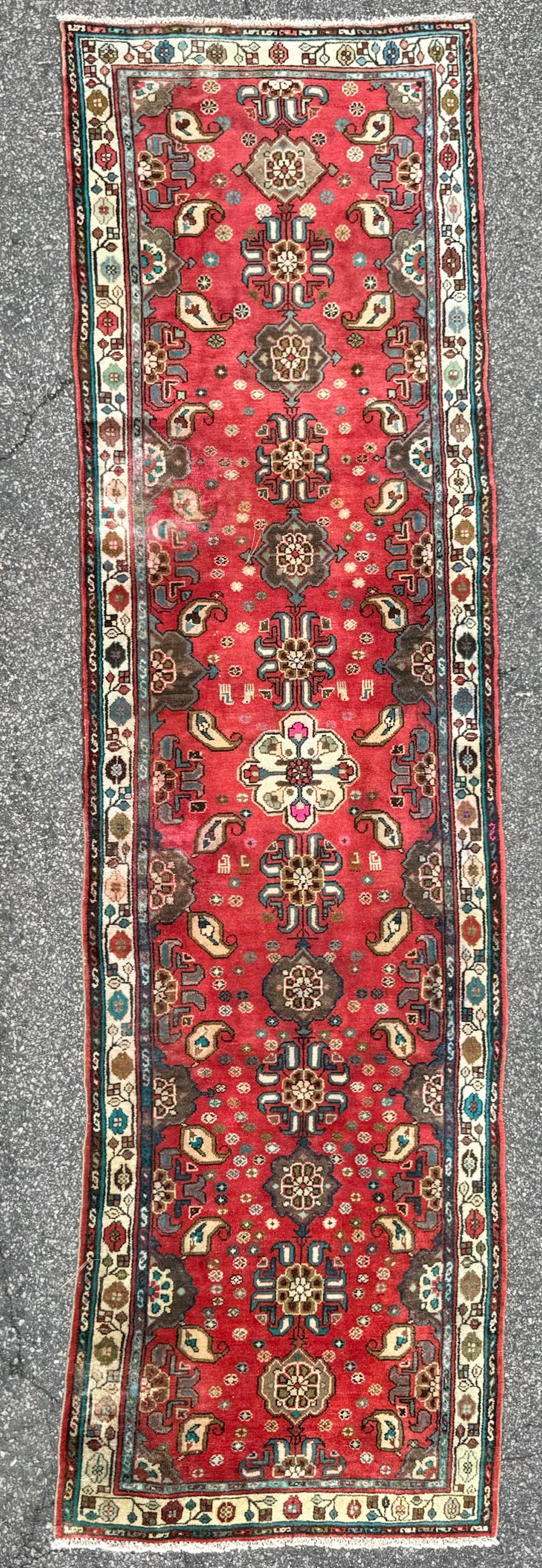 ANTIQUE PERSIAN HAMADAN HAND KNOTTED RUNNER, 3.5 x 12.0 (104cm x 366cm)