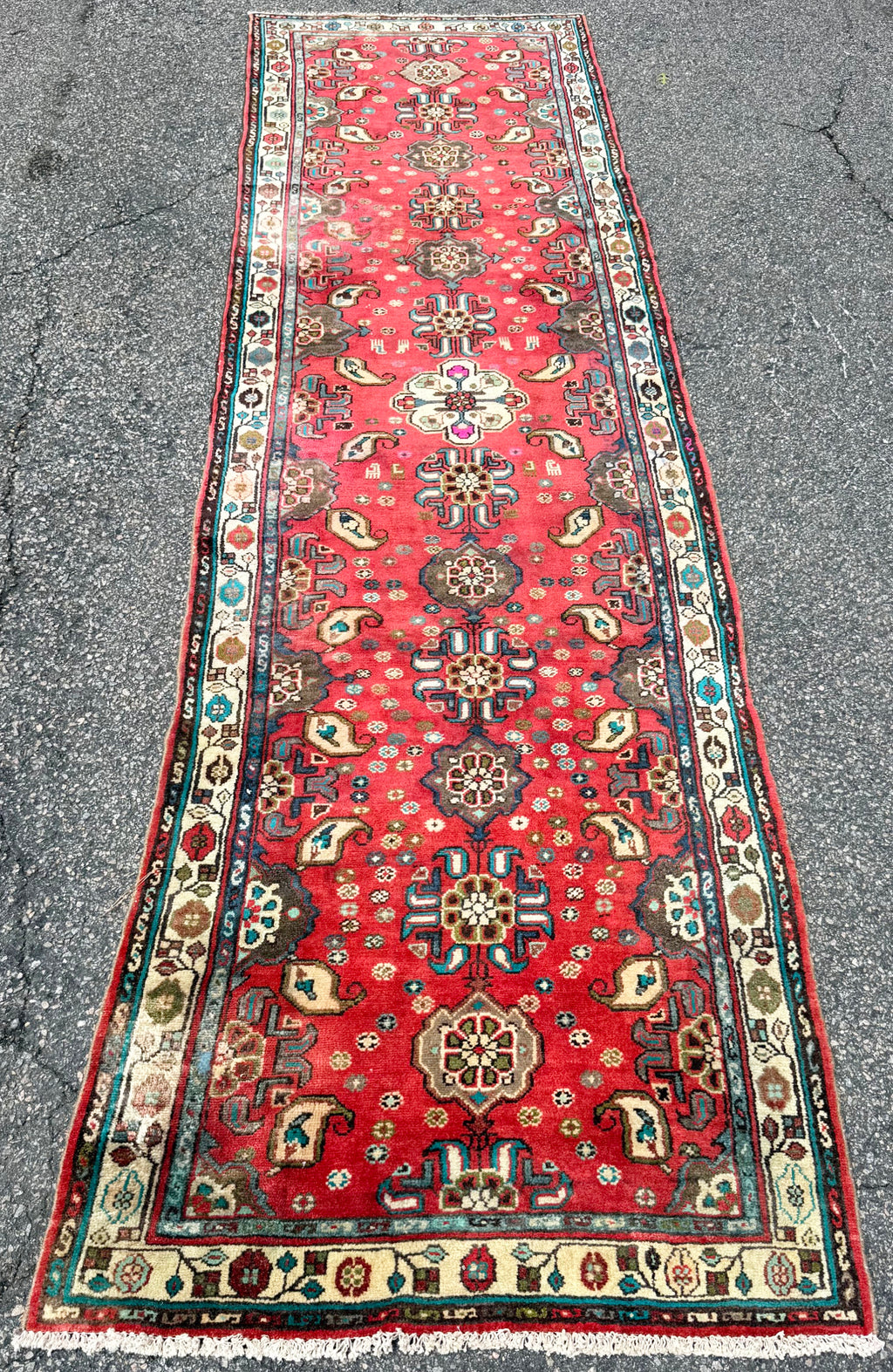 ANTIQUE PERSIAN HAMADAN HAND KNOTTED RUNNER, 3.5 x 12.0 (104cm x 366cm)
