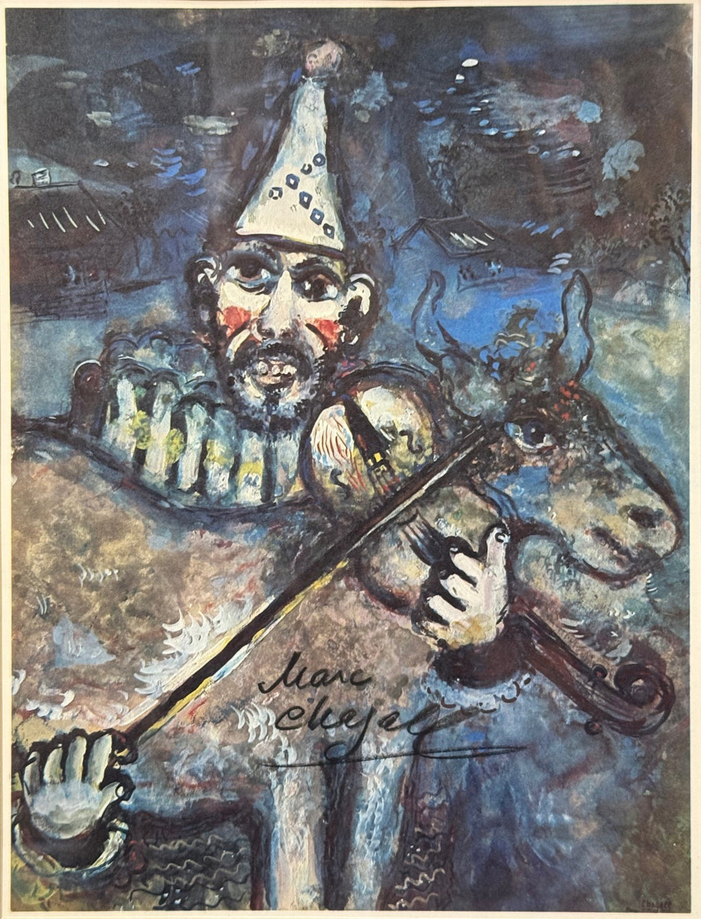 MARC CHAGALL (1887-1985) HAND SIGNED LITHOGRAPH TITLED LE CLOWN MUSCIEN, 18IN x 21IN WITH COA (46cm x 53cm)