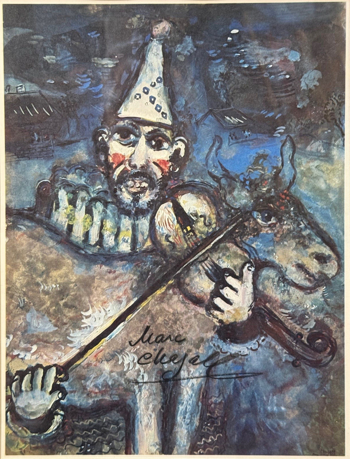 MARC CHAGALL (1887-1985) HAND SIGNED LITHOGRAPH TITLED LE CLOWN MUSCIEN, 18IN x 21IN WITH COA (46cm x 53cm)