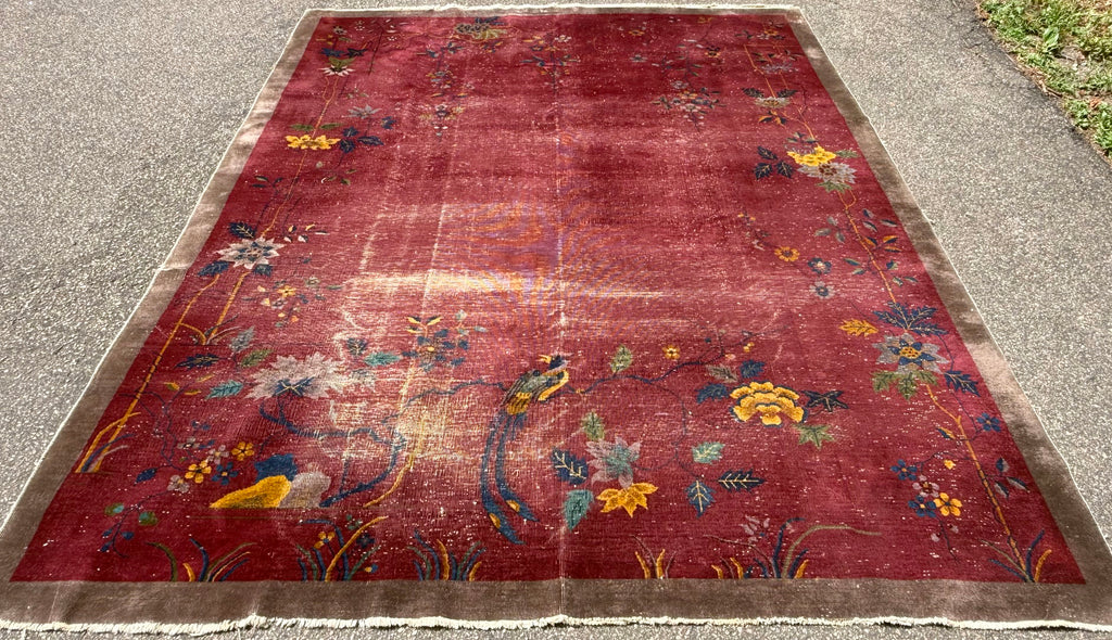ANTIQUE CHINESE NICHOLS ART DECO HAND-KNOTTED RUG, 1920S SLIGHTLY DISTRESSED, 8.10 x 11.9 (269cm x 358cm)