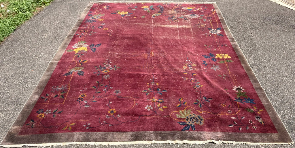 ANTIQUE CHINESE NICHOLS ART DECO HAND-KNOTTED RUG, 1920S SLIGHTLY DISTRESSED, 8.10 x 11.9 (269cm x 358cm)