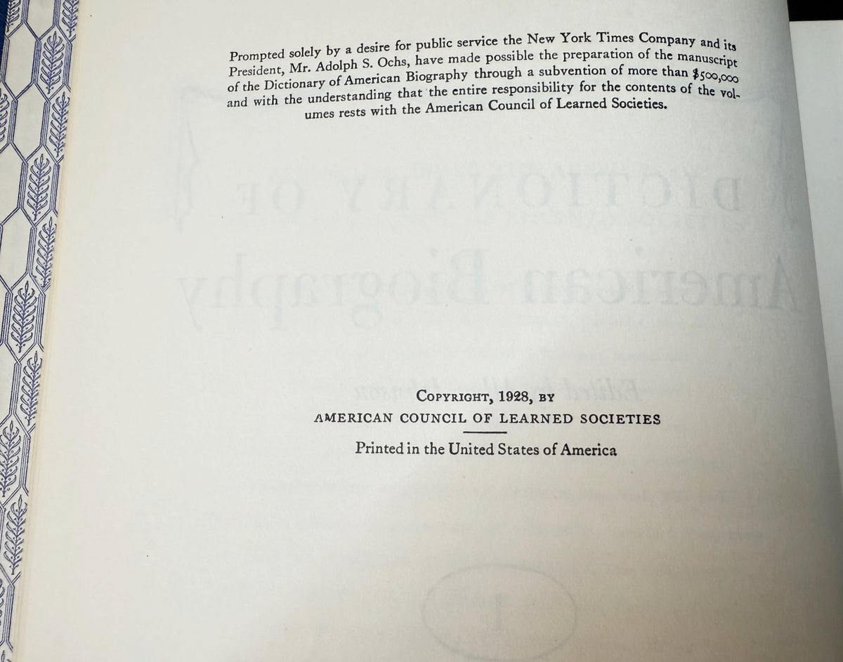 DICTIONARY OF AMERICAN BIOGRAPHY, 22 VOLUMES, 1928