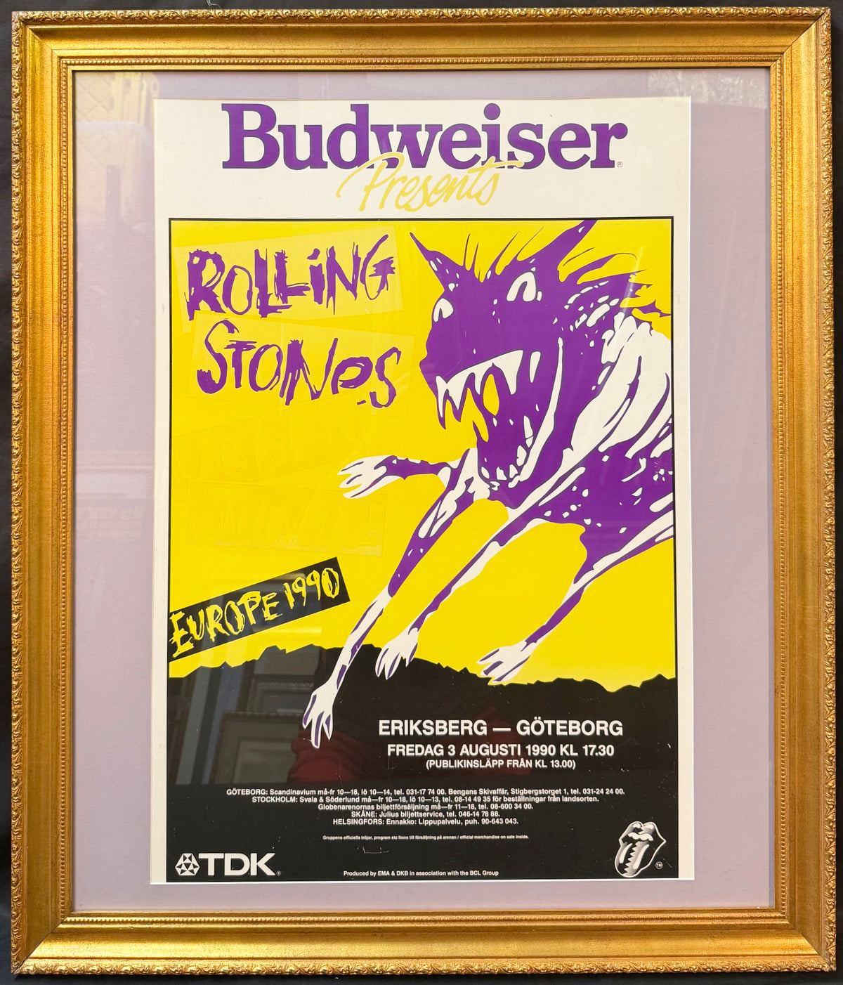 VINTAGE 1990 ROLLING STONES URBAN JUNGLE EUROPE GOTEBORG CONCERT POSTER, BUDWEISER, TDK, 35IN x 41IN (89cm x 104cm)