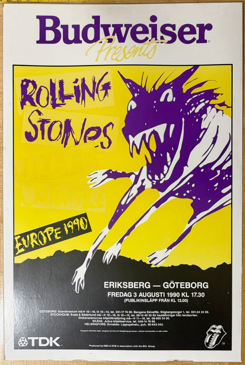 VINTAGE 1990 ROLLING STONES URBAN JUNGLE EUROPE GOTEBORG CONCERT POSTER, BUDWEISER, TDK, 35IN x 41IN (89cm x 104cm)