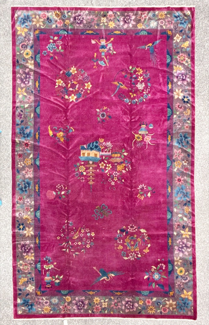 MANSION ANTIQUE CHINESE NICHOLS ART DECO HAND-KNOTTED RUG, MAGENTA FIELD, 1920S, 10.11 x 18.6 (333cm x 564cm)