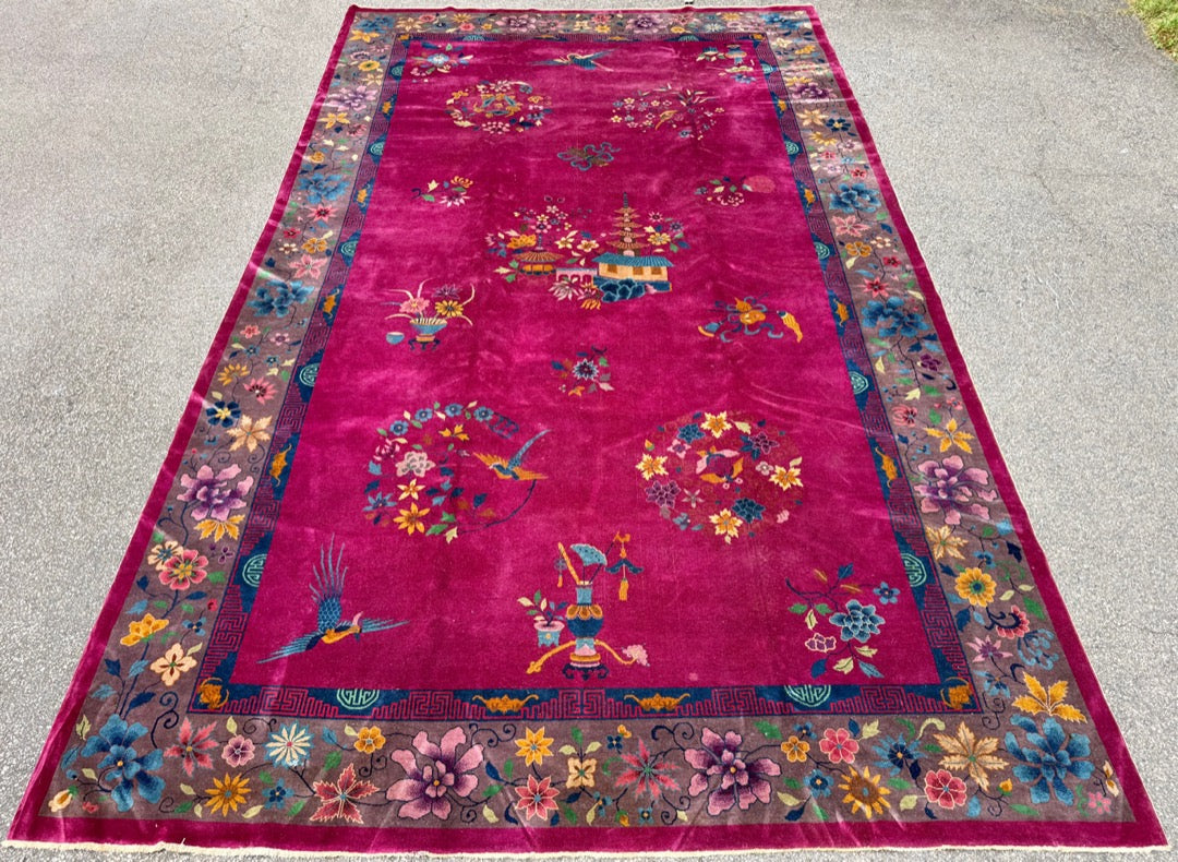 MANSION ANTIQUE CHINESE NICHOLS ART DECO HAND-KNOTTED RUG, MAGENTA FIELD, 1920S, 10.11 x 18.6 (333cm x 564cm)