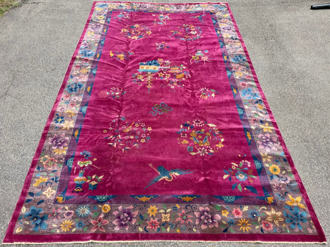 MANSION ANTIQUE CHINESE NICHOLS ART DECO HAND-KNOTTED RUG, MAGENTA FIELD, 1920S, 10.11 x 18.6 (333cm x 564cm)
