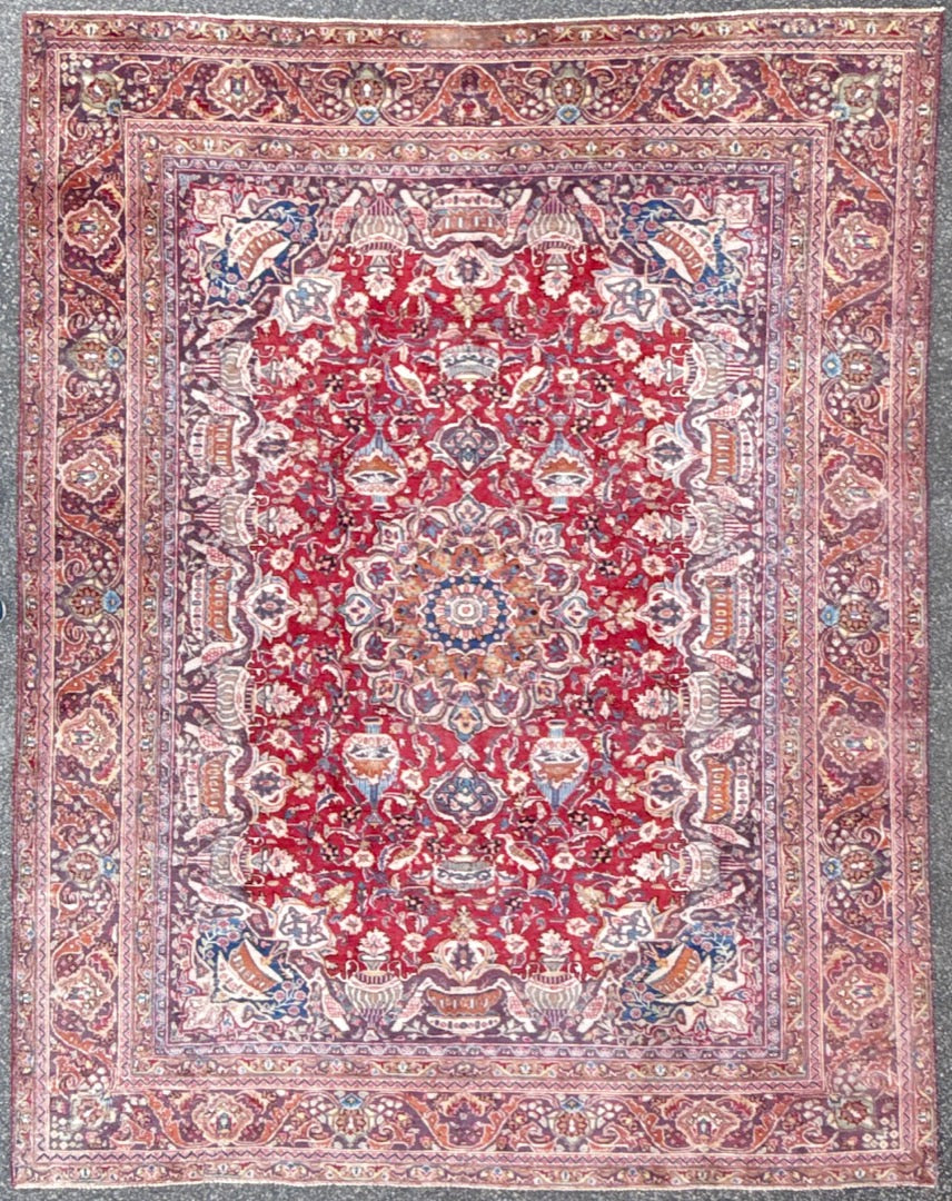 SIGNED PERSIAN KASHMAR CARPET, PICTORIAL VASE & BIRD DESIGN, RED FIELD HAND KNOTTED RUG, 9.3 x 12.0 (282cm x 366cm)