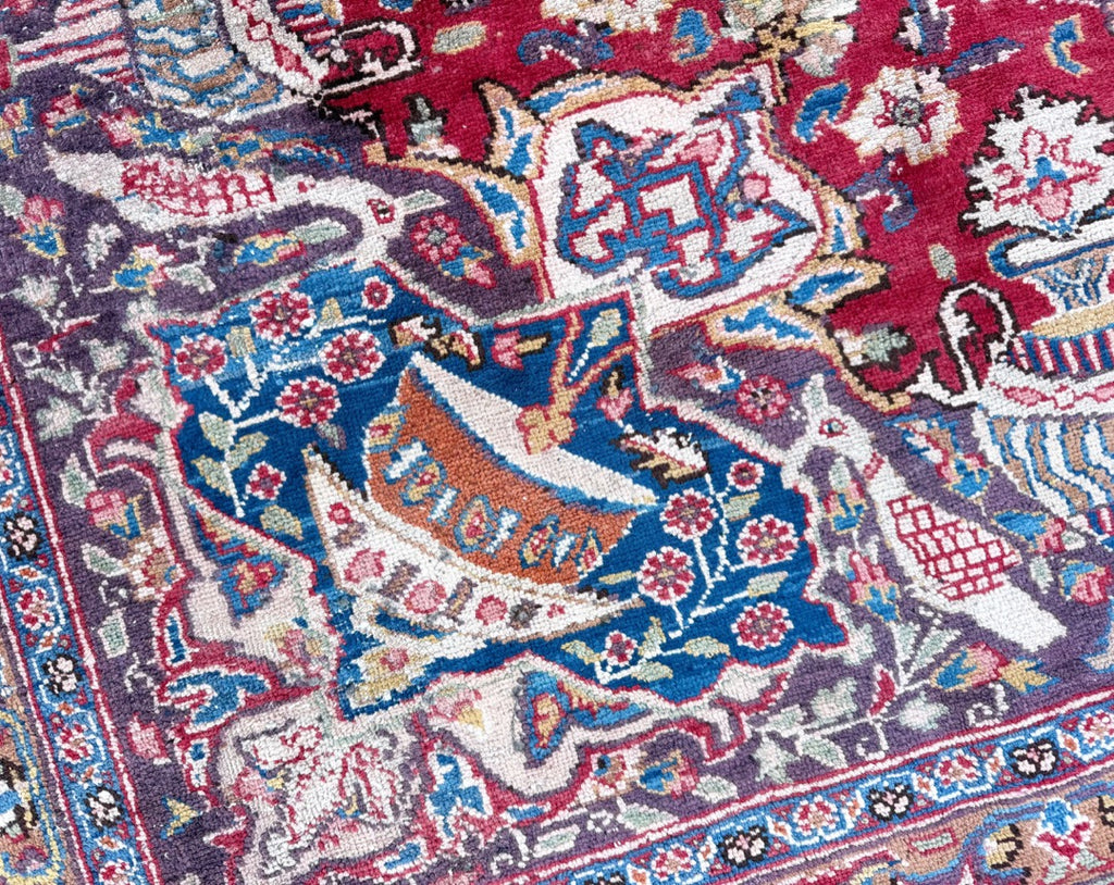 SIGNED PERSIAN KASHMAR CARPET, PICTORIAL VASE & BIRD DESIGN, RED FIELD HAND KNOTTED RUG, 9.3 x 12.0 (282cm x 366cm)