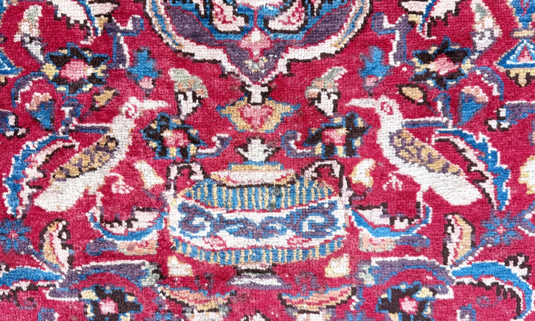 SIGNED PERSIAN KASHMAR CARPET, PICTORIAL VASE & BIRD DESIGN, RED FIELD HAND KNOTTED RUG, 9.3 x 12.0 (282cm x 366cm)