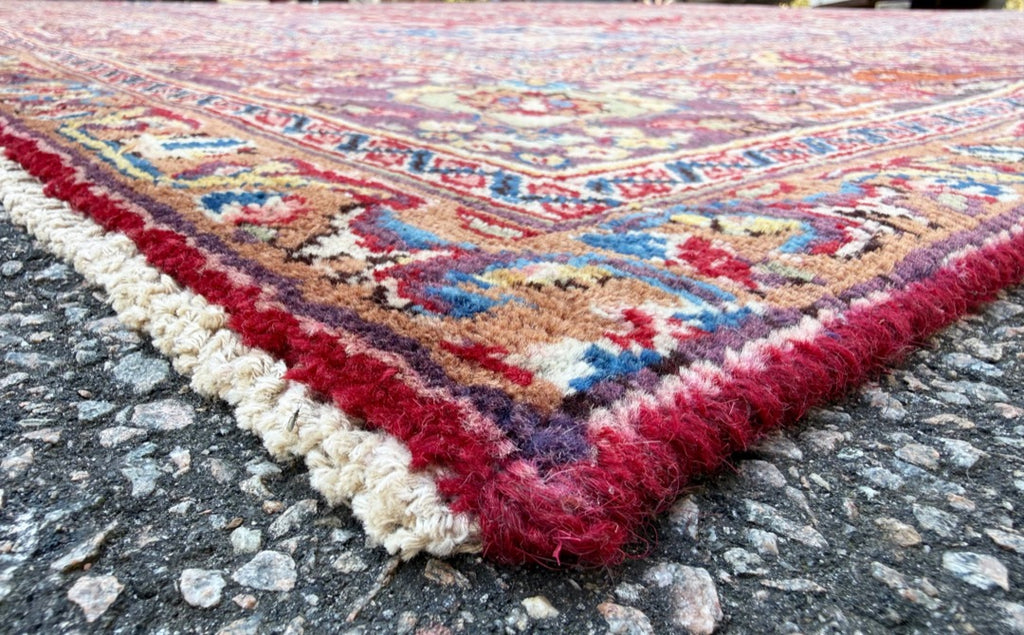 SIGNED PERSIAN KASHMAR CARPET, PICTORIAL VASE & BIRD DESIGN, RED FIELD HAND KNOTTED RUG, 9.3 x 12.0 (282cm x 366cm)