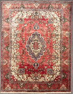 LARGE VINTAGE PERSIAN TABRIZ MEDALLION RUG, IVORY & CRIMSON FIELD, HAND KNOTTED, 9.9 x 12.9 (297cm x 389cm)