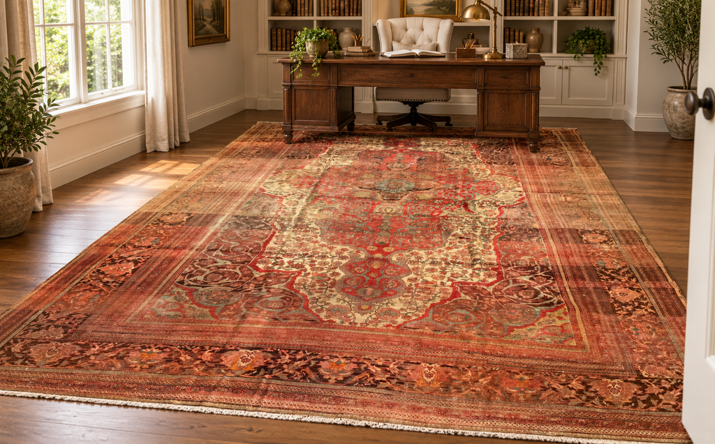 MANSION SIZED, ANTIQUE PERSIAN FARAHAN HAND KNOTTED RUG, DISTRESSED, 10.7 x 17.4 (323cm x 528cm)