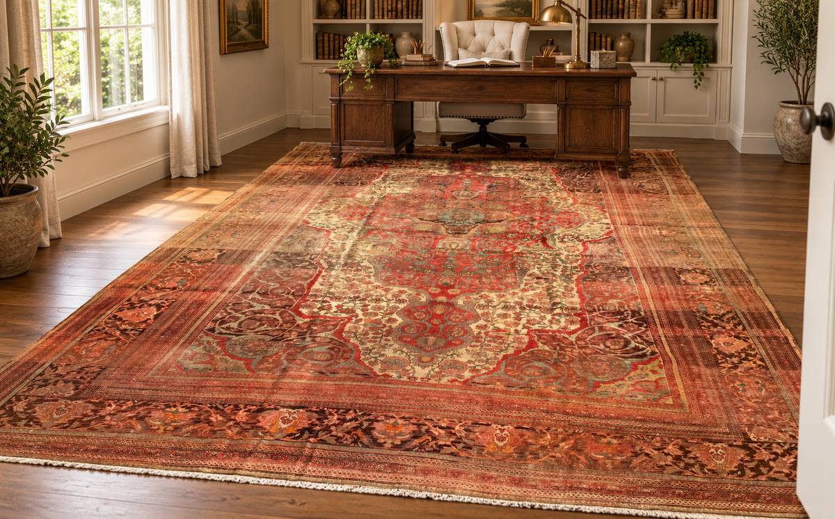 MANSION SIZED, ANTIQUE PERSIAN FARAHAN HAND KNOTTED RUG, DISTRESSED, 10.7 x 17.4 (323cm x 528cm)