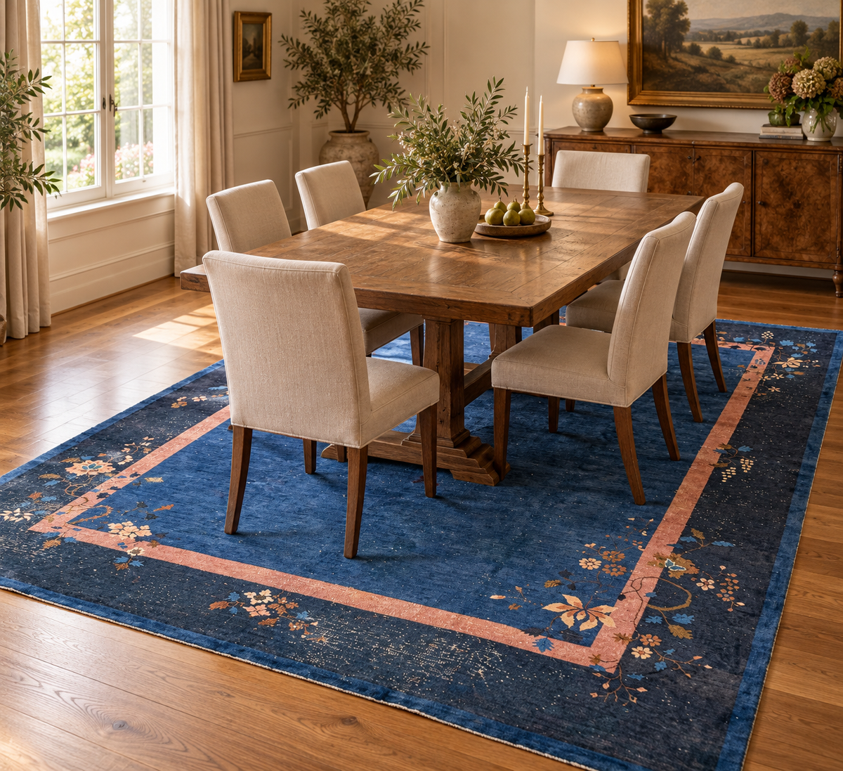 ANTIQUE CHINESE NICHOLS ART DECO HAND-KNOTTED RUG, INDIGO FIELD, MINIMALIST OPEN DESIGN, 1920S, 8.11 x 11.6 (272cm x 351cm)