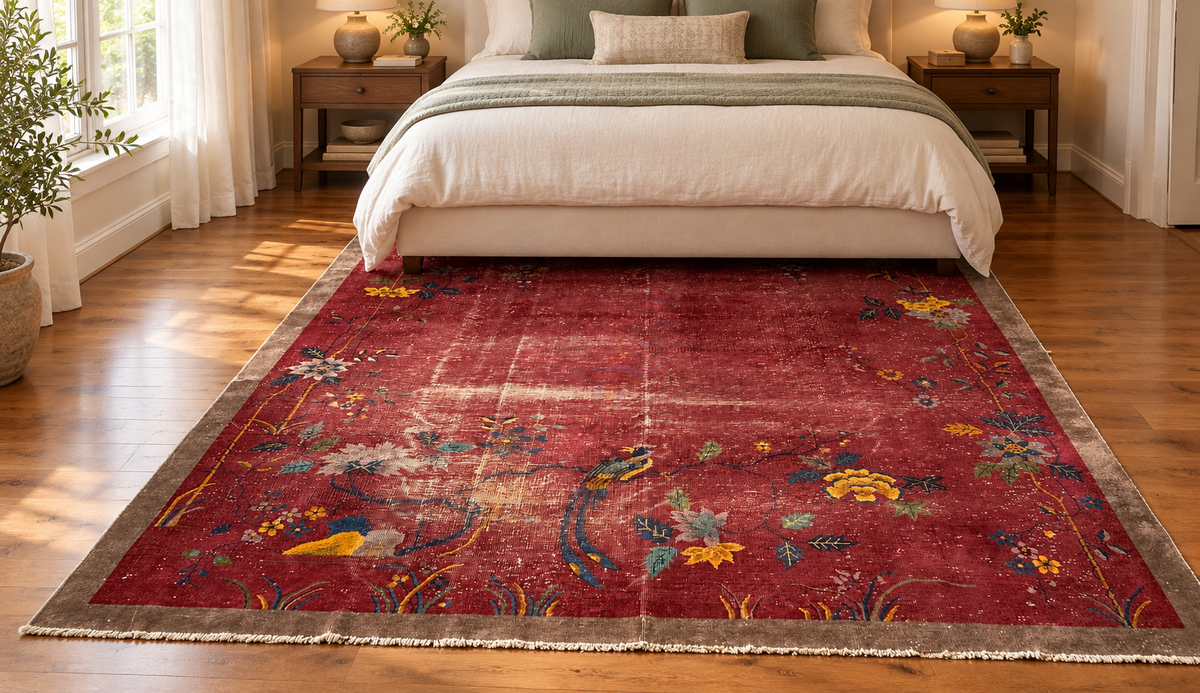 ANTIQUE CHINESE NICHOLS ART DECO HAND-KNOTTED RUG, 1920S SLIGHTLY DISTRESSED, 8.10 x 11.9 (269cm x 358cm)
