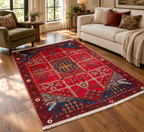 VINTAGE PERSIAN SHIRAZ PICTORIAL HAND KNOTTED RUG, 5.4 x 7.4 (163cm x 224cm)
