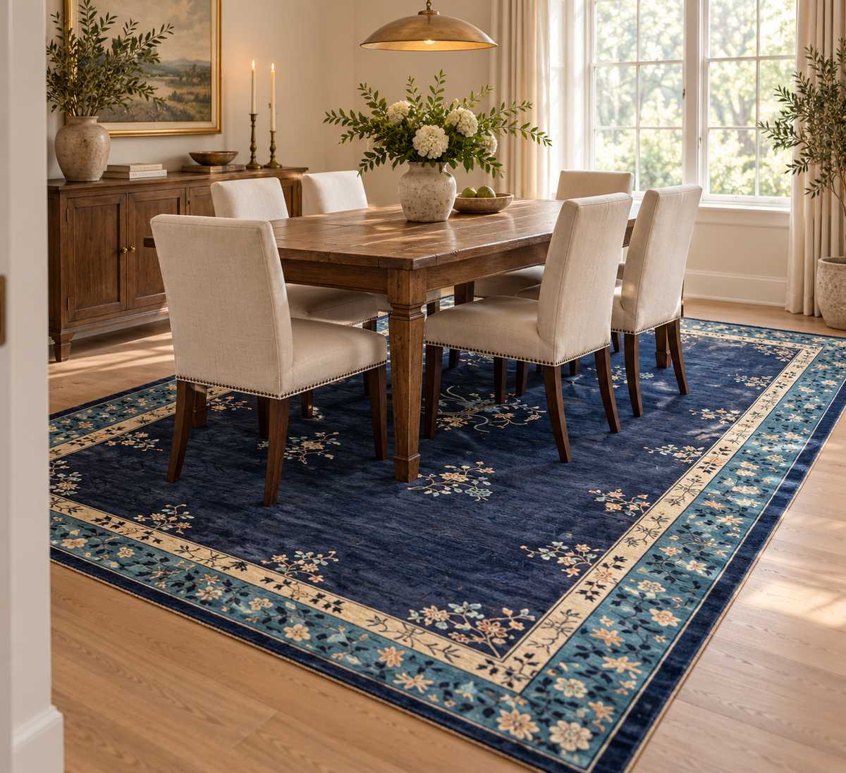 MANSION ANTIQUE CHINESE ART DECO HAND-KNOTTED RUG, INDIGO FIELD, MINIMALIST OPEN DESIGN, 1920S, 12.1 x 19.6 (368cm x 594cm)
