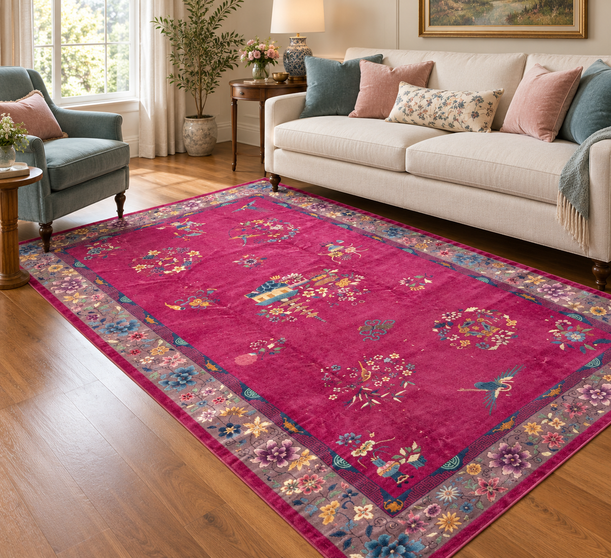 MANSION ANTIQUE CHINESE NICHOLS ART DECO HAND-KNOTTED RUG, MAGENTA FIELD, 1920S, 10.11 x 18.6 (333cm x 564cm)