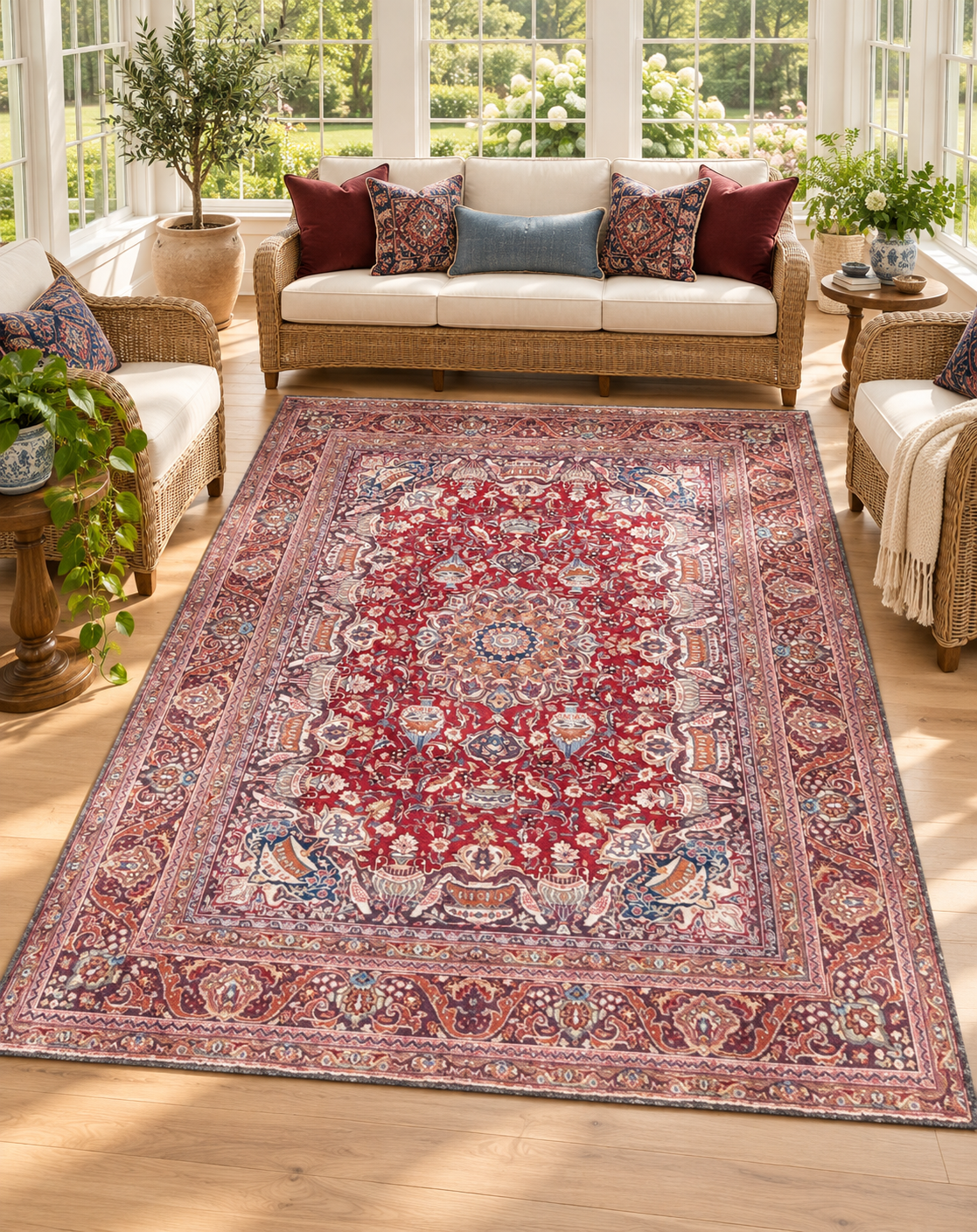 SIGNED PERSIAN KASHMAR CARPET, PICTORIAL VASE & BIRD DESIGN, RED FIELD HAND KNOTTED RUG, 9.3 x 12.0 (282cm x 366cm)