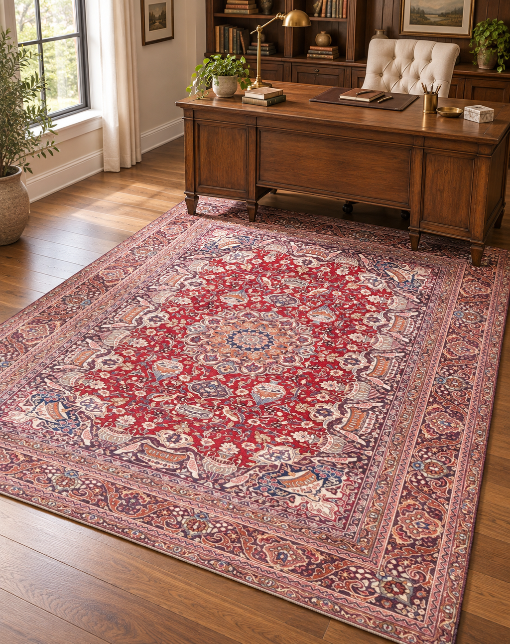 SIGNED PERSIAN KASHMAR CARPET, PICTORIAL VASE & BIRD DESIGN, RED FIELD HAND KNOTTED RUG, 9.3 x 12.0 (282cm x 366cm)