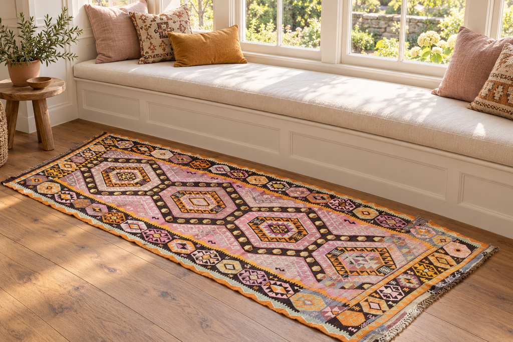 VINTAGE SIGNED, QASHQAI KILIM HAND KNOTTED RUNNER, DISTRESSED, 5.6 x 13.9 (168cm x 419cm)